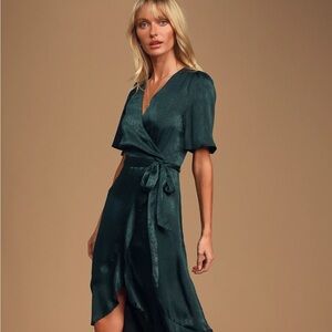 Lulus Wrapped in Love Faux-Satin Wrap Dress